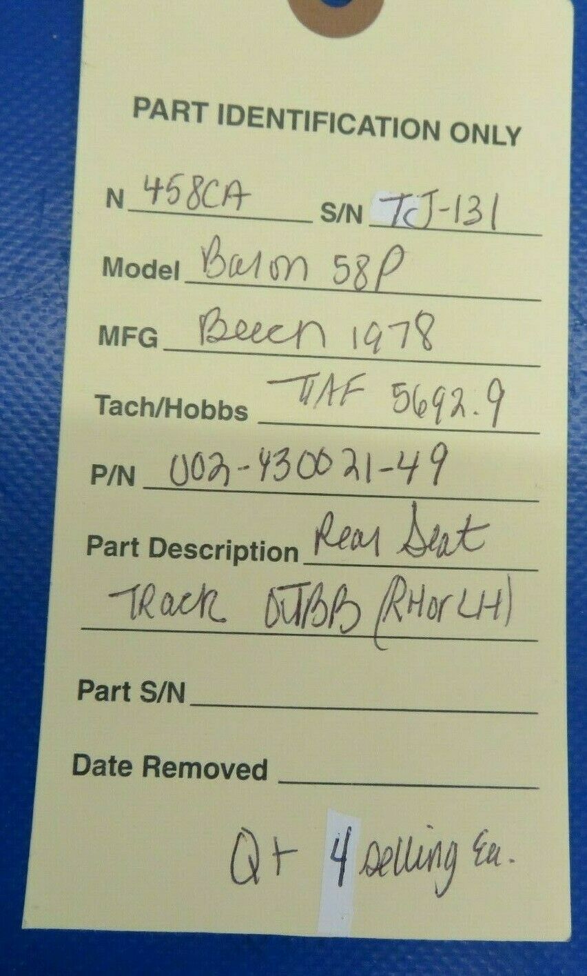 Beech Baron 58P Track Seat Rear OTBD LH or RH 002-430021-49 (0420-19)