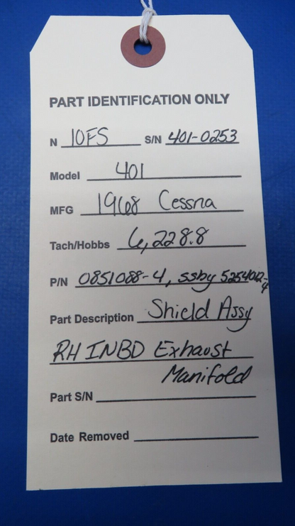 Cessna 401 Shield Assy RH INBD Exhaust Manifold P/N 0851088-4 (0523-213)