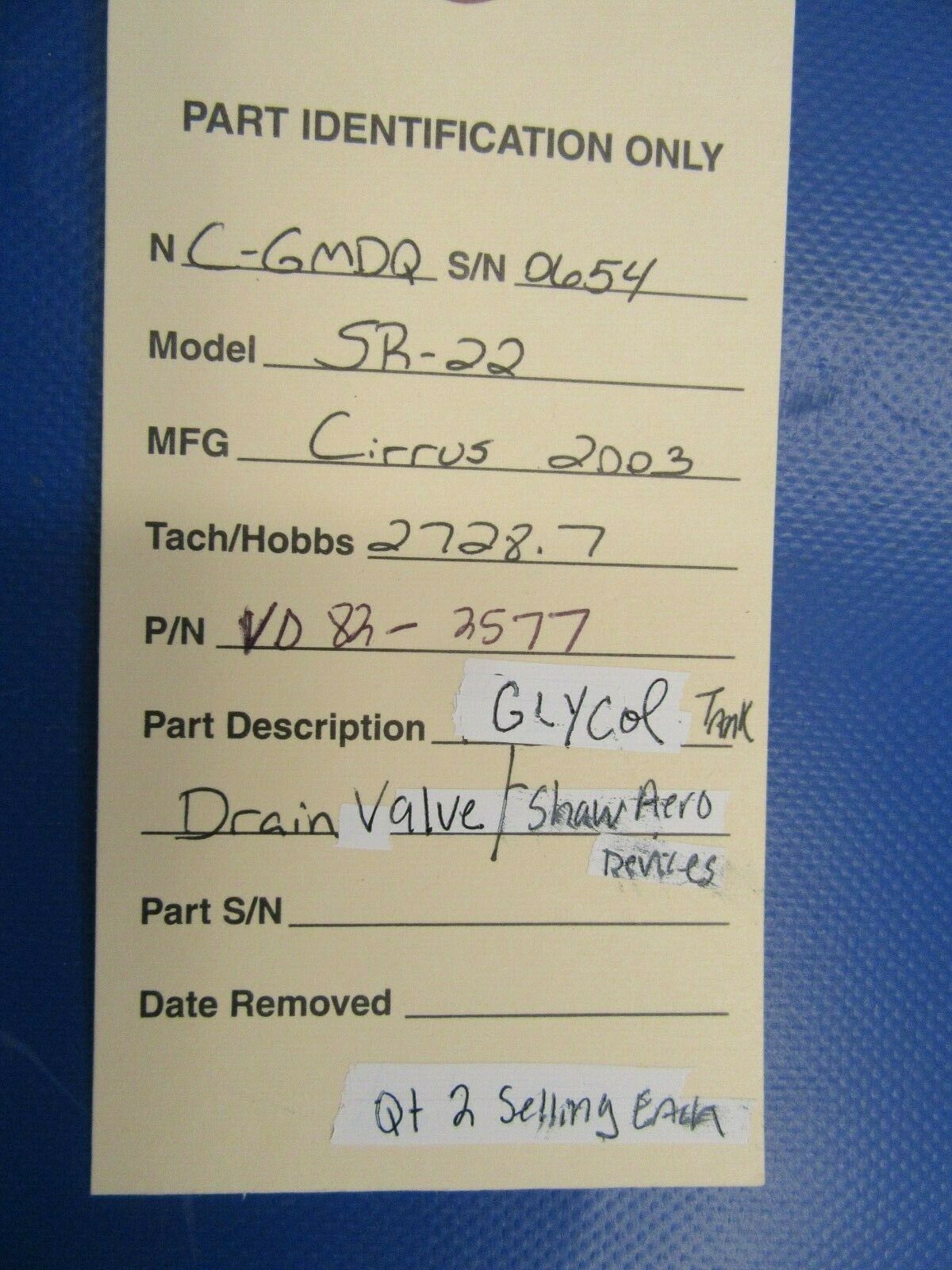 2003 Cirrus SR22 Shaw Aero Devices Drain Valve Glycol Tank VD82-2517 (1019-85)
