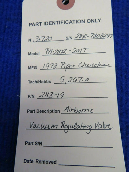 Piper PA-28R-201T Airborne Vacuum Regulating Valve P/N 2H3-19 (0222-743)