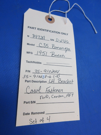 Beech C-35 Bonanza LH Bracket Cowl Fastener P/N 35-910244 SET OF 4 (1023-891)