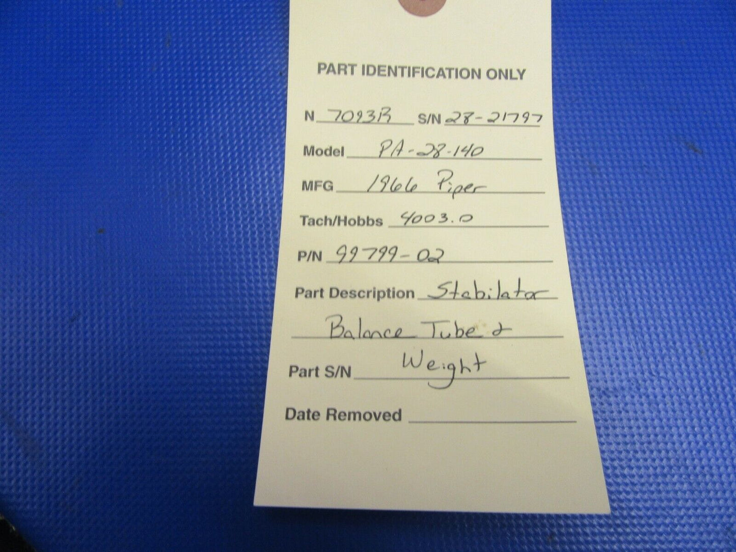 Piper PA-28-140 Stabilator Balance Tube & Weight P/N 99799-002 (0621-345)