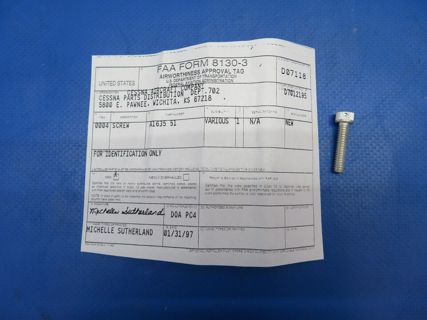 McCauley Threaded Propeller Screw P/N A1635-51 NOS w/ 8130 (0523-600)