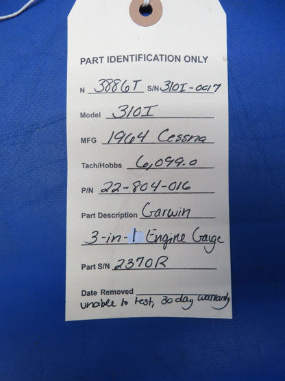 Cessna 310 Garwin 3 - in - 1 Engine Gauge P/N 22-804-016 w/ Warranty (0823-322)