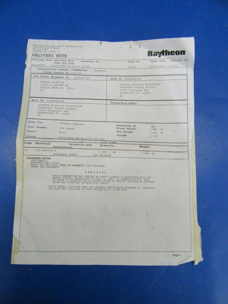 Beech King Air Upper Bulkhead Aft Nacelle P/N 101-980034-8 NOS (0419-135)