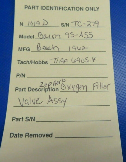 Beech Baron 95-A55 Zep Aero Oxygen Filler Valve Assembly ZV-861B (0520-422)
