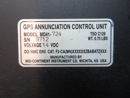 Mid-Continent Instruments GPS Annunciation Control Unit P/N MD41-724 (0623-415)