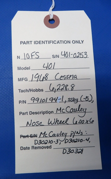 Cessna 401 McCauley Nose Wheel 6.00 x 6 P/N 9910194-1, 9910194-5 (0523-246)