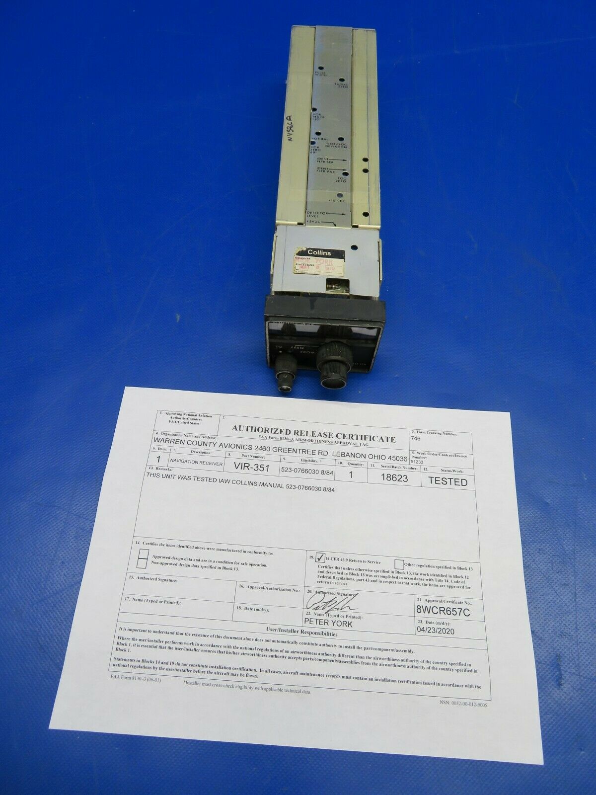 Collins VIR-351 NAV 14V 622-2080-011 w / New 8130 (0520-01)