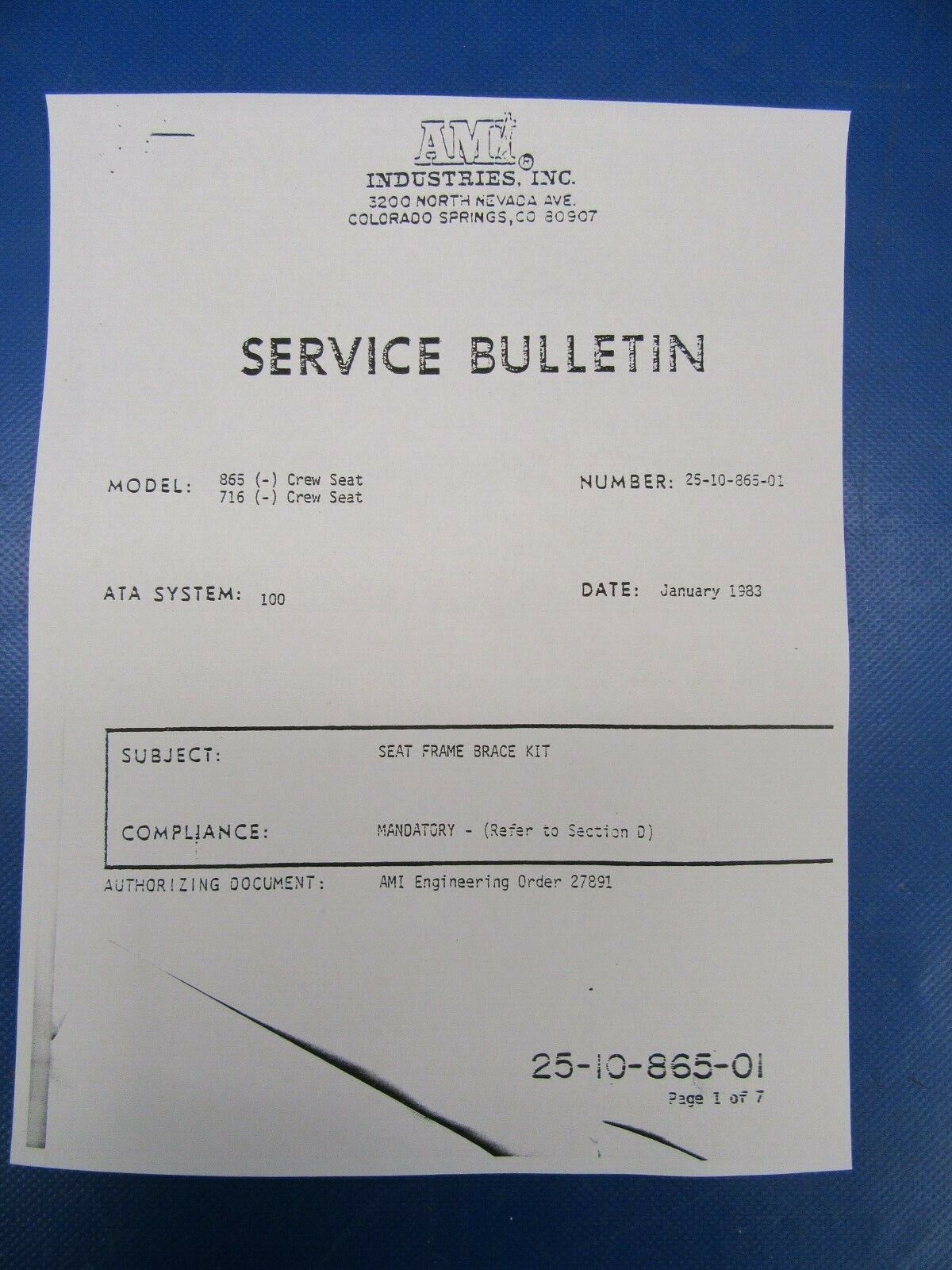 Beech 18 Seat Frame Bracket Kit P/N 865K90000-1 NOS (0419-489)