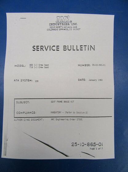 Beech 18 Seat Frame Bracket Kit P/N 865K90000-1 NOS (0419-489)