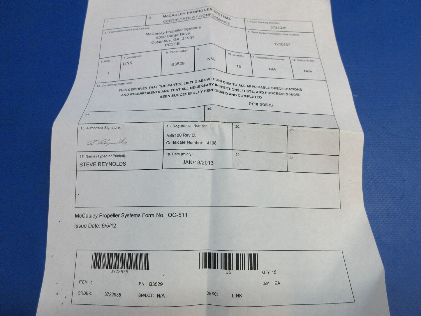 McCauley Threaded Propeller Link w/ Paperwork P/N B3529 NOS (0523-444)