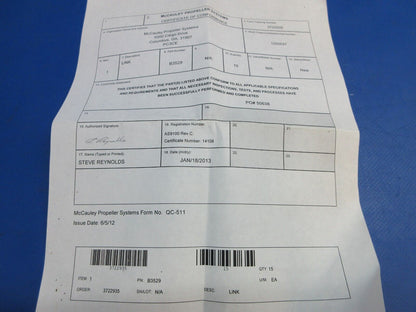 McCauley Threaded Propeller Link w/ Paperwork P/N B3529 NOS (0523-444)