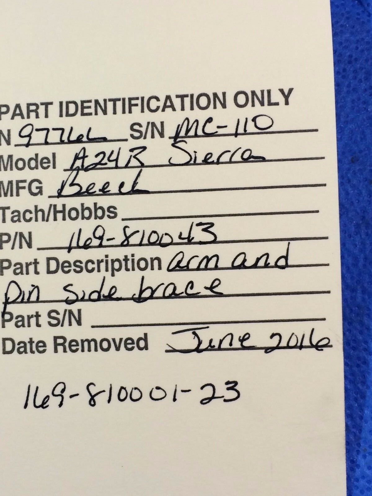 Beech A24R Sierra Arm & Pin Side Brace P/N 169-810043 & 169-810001-23 (0816-54)