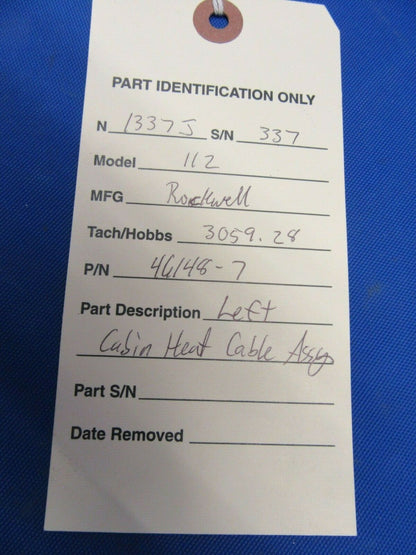 Rockwell Commander Left Cabin Heat Cable Assembly P/N 46148-7 (1020-235)
