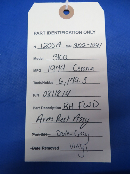 Cessna 310 / 310Q RH FWD Arm Rest Assy Dark Grey Vinyl P/N 0811814 (0823-630)
