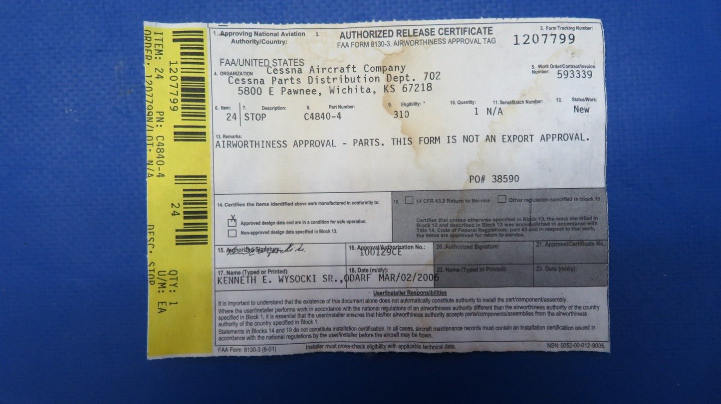 McCauley Threaded Propeller Stop w/ 8130 P/N C4840-4 NOS (0523-282)
