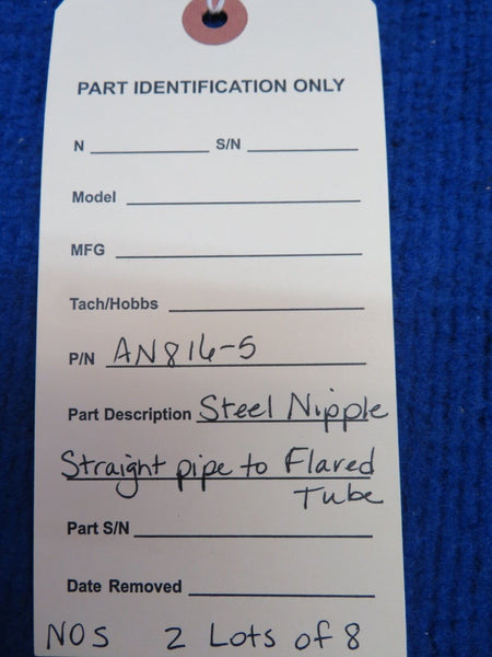 Steel Nipple Straight Pipe to Flared Tube P/N AN816-5 LOT OF 8 NOS (0722-472)