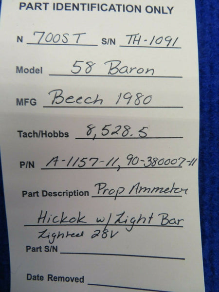 Beech 58 Baron Hickok Prop Ammeter w/ Light Bar 28V P/N A-1157-11 (0222-272)