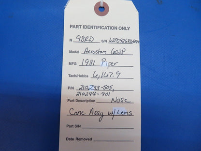 Piper Aerostar 602P Nose Cone Assy w/ Lens P/N 210233-505, 210294-901 (0123-670)