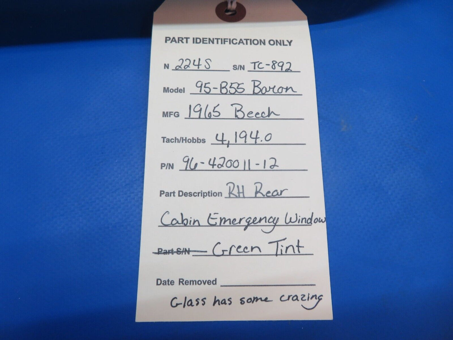 Beech 95-B55 Baron RH Rear Cabin Emergency Window P/N 96-420011-12 (0123-574)