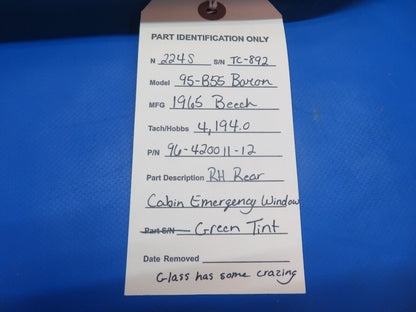 Beech 95-B55 Baron RH Rear Cabin Emergency Window P/N 96-420011-12 (0123-574)