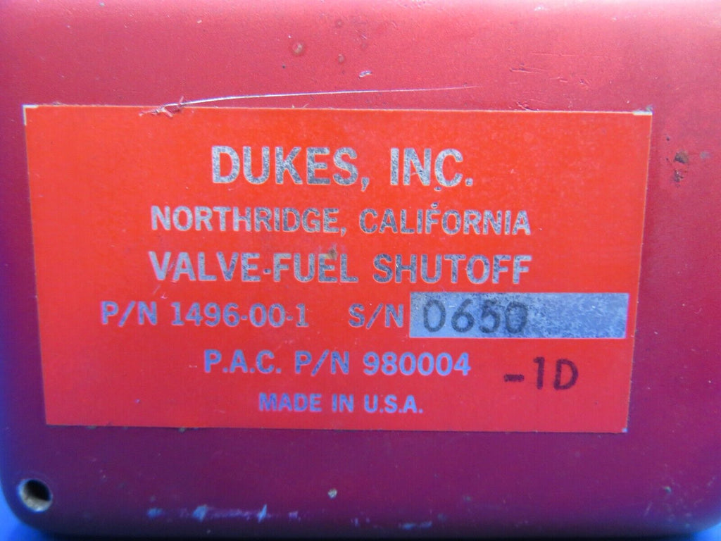 Piper Aerostar 602P Dukes Fuel Shutoff Valve P/N 1496-00-1 (0123-921 ...