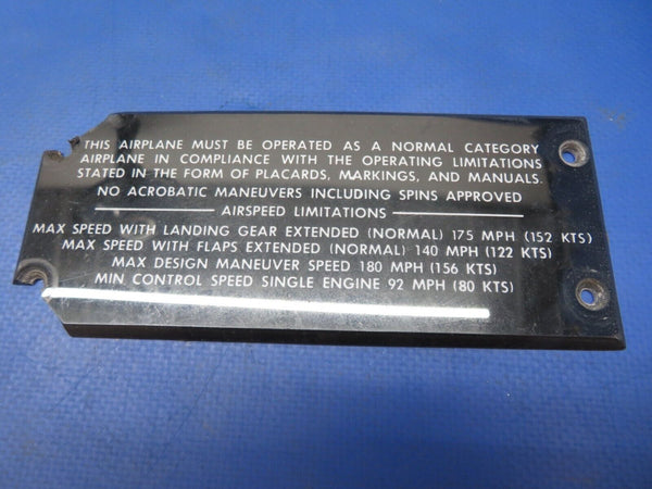 Beech 95-B55 Baron Placard P/N 58-324043-428 LOT OF 5 (0623-331)