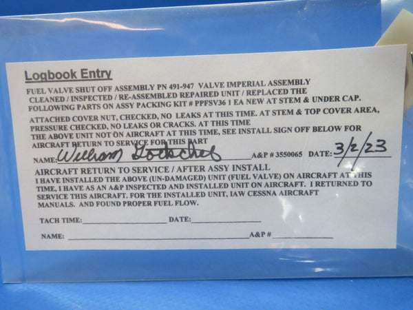 Piper PA-28-180 Cherokee Fuel Valve P/N 491-947 Overhauled (0423-331)