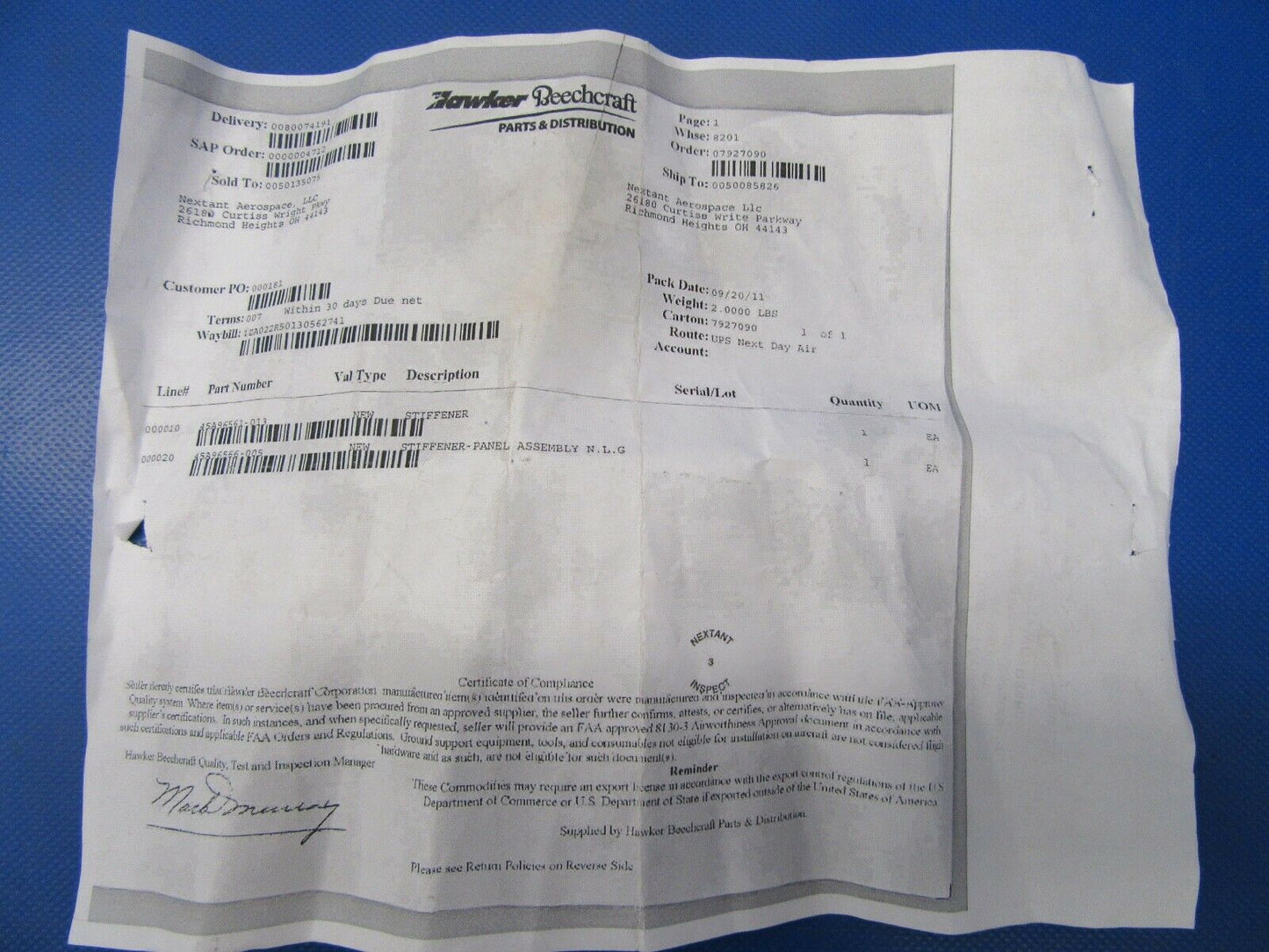 Beech 400 Stiffener P/N 45A96561-013 NOS (0419-411)