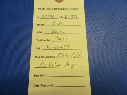 Beech E35 Bonanza Pilots Cold Air Valve Assembly P/N 35-550054 (0821-618)