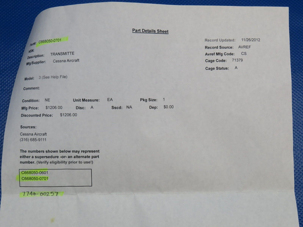 Cessna Fuel Sender with 8130 P/N C668050-0602 TESTED (0124-1115)