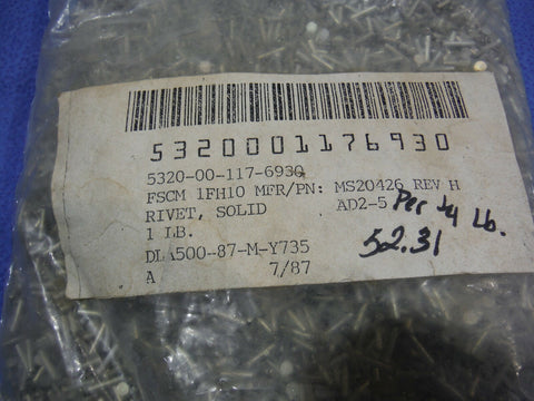 Rivets, Solid, Flush,  NOS    P/N MS20426AD2-5    (815-79)