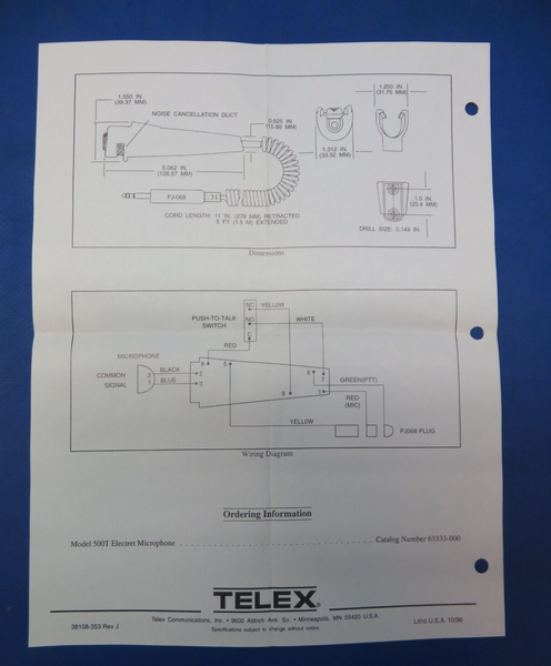 Telex Electret Aviation Microphone P/N 500T NOS (0923-665)