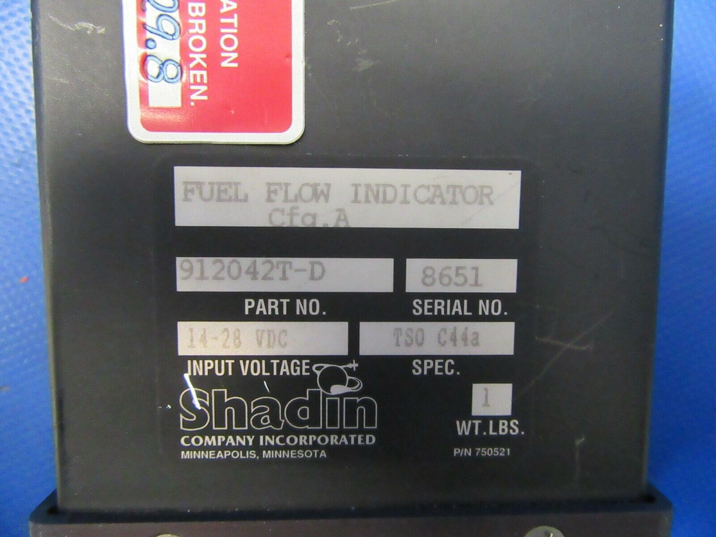 Shadin Digital Fuel Flow Indicator 14 / 28v P/N 912042T-D (1119-217)