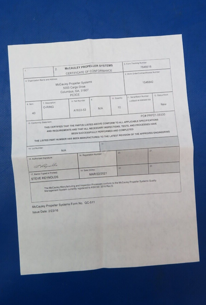 McCauley Propeller O-Ring w/ Paperwork P/N A1633-53 LOT OF 10 NOS (0523-259)