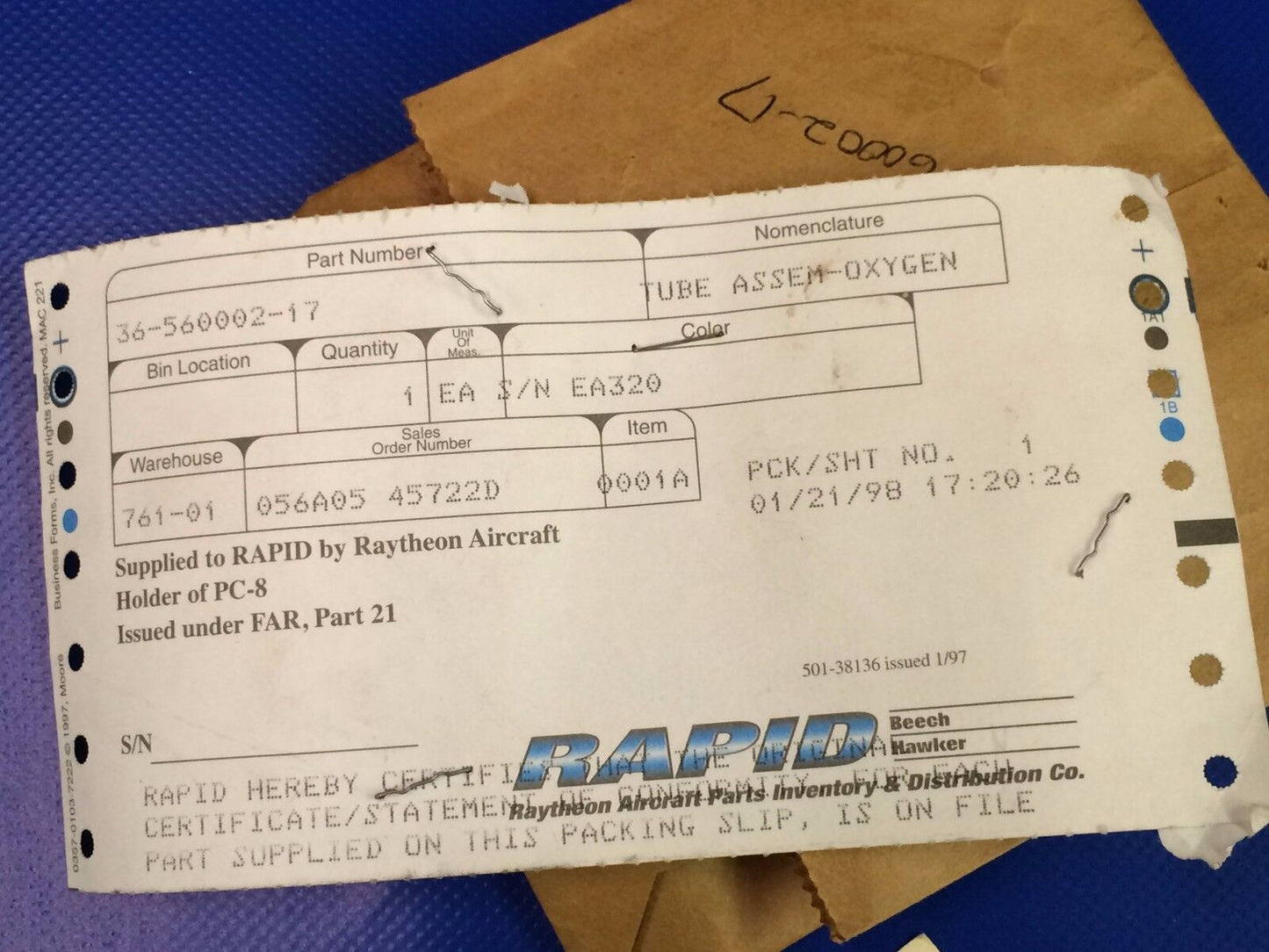 Beech Tube Assy - Oxygen Plumbing P/N 36-560002-17 (1016-03)