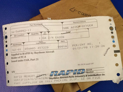 Beech Tube Assy - Oxygen Plumbing P/N 36-560002-17 (1016-03)