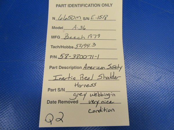 Beech American Safety Inertia Reel Shoulder Harness Gray 58-380071-1 (0719-103)