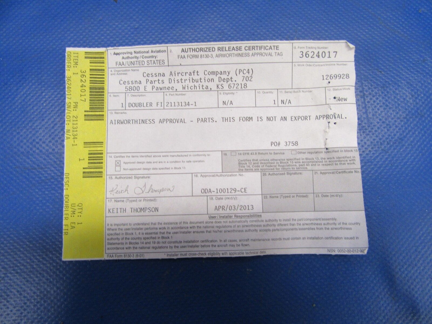 Cessna P210 Doubler Aft Firewall LH P/N 2113134-1 NOS (0119-215)