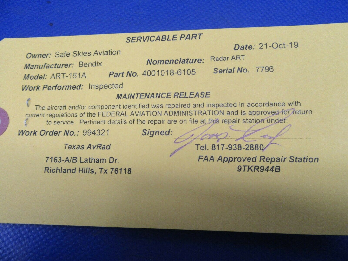 Bendix ART-161A Radar P/N 4001018-6105 Newly Inspected w/ FAA 8130 (1019-423)
