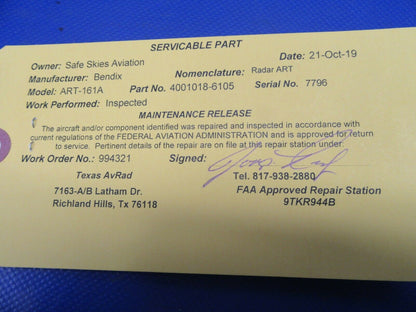 Bendix ART-161A Radar P/N 4001018-6105 Newly Inspected w/ FAA 8130 (1019-423)