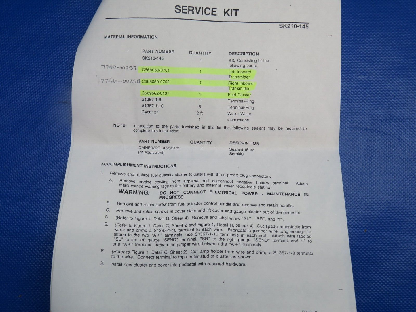 Cessna Fuel Sender with 8130 P/N C668050-0602 TESTED (0124-1115)
