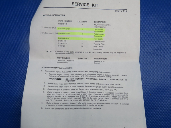 Cessna Fuel Sender with 8130 P/N C668050-0602 TESTED (0124-1115)