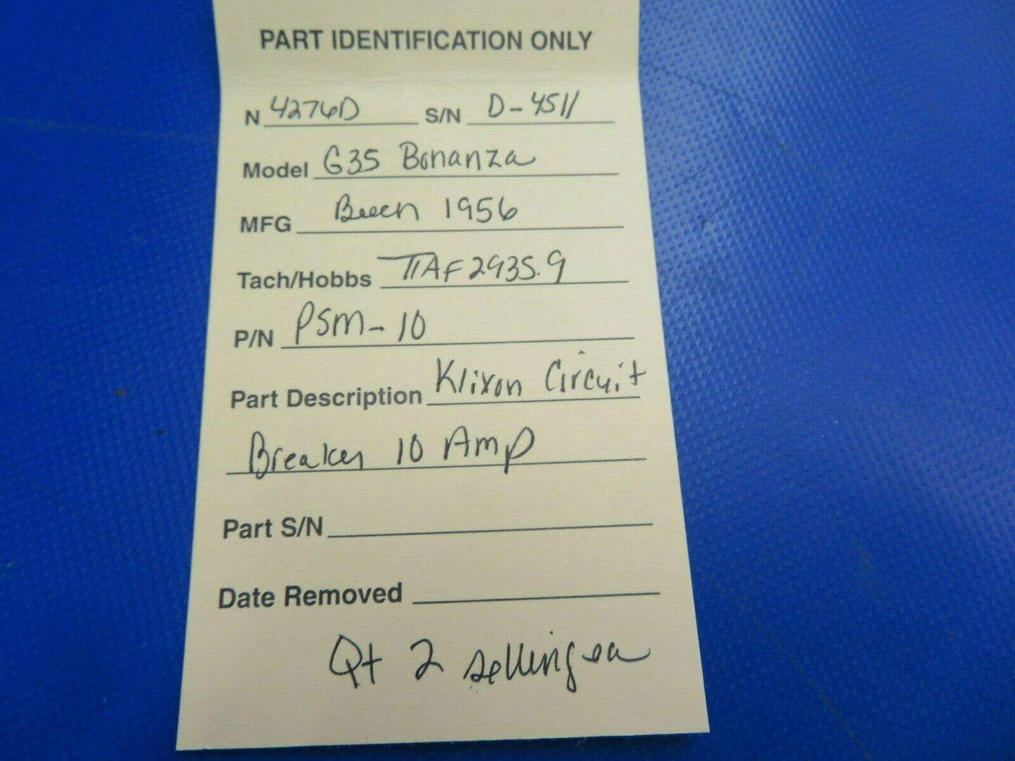 1956 Beech G35 Bonanza Klixon Circuit Breaker 10 Amp P/N PSM-10 (0620-355)