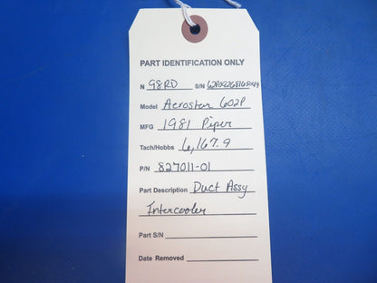 Piper Aerostar 602P Machen Duct Assy Intercooler P/N 827011-01 (0123-936)