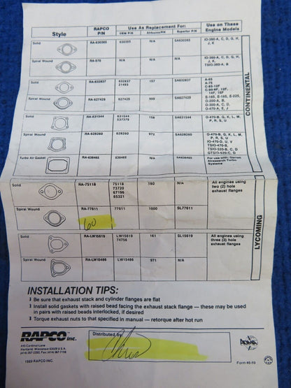 Continental Exhaust Gasket P/N 537379 LOT OF 19 NOS (0822-334)