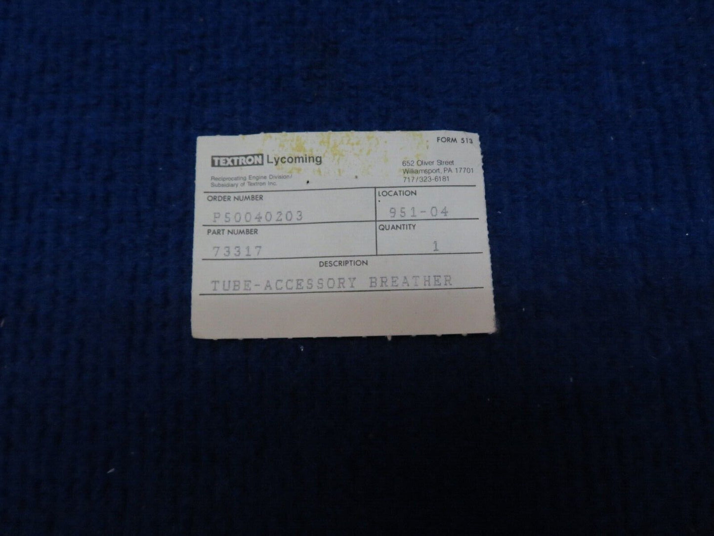 Lycoming Breather P/N 73317 NOS (0622-369)