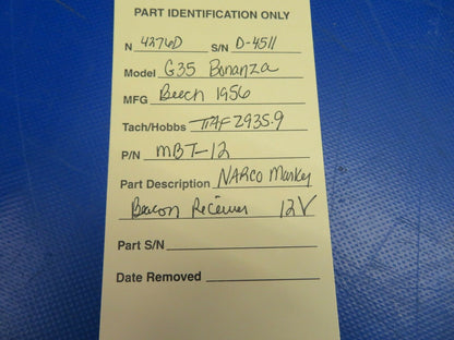 Beech G35 Bonanza Narco Marker Beacon Receiver 12 V P/N MBT-12 (0620-353)