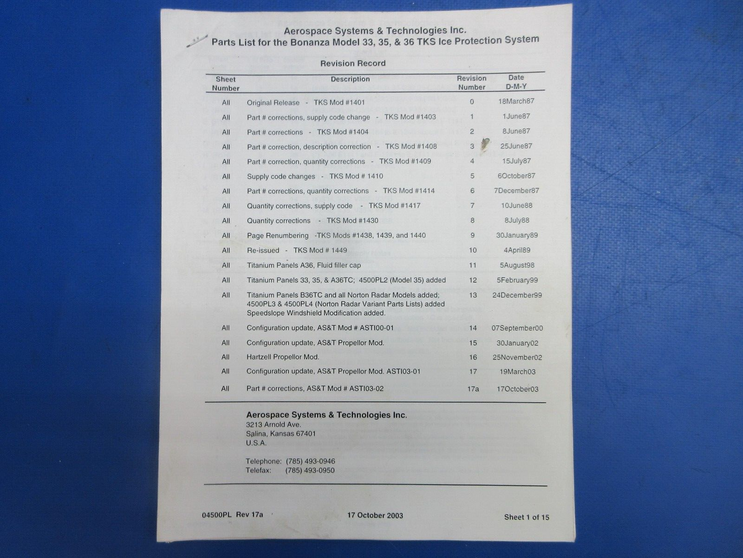 Beech Bonanza TKS De-Ice Hardware & Manuals (0623-282)